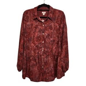 NWOT‎ LOGO by Lori Goldstein Peplum Floral Button Front Blouse Crimson Women's S